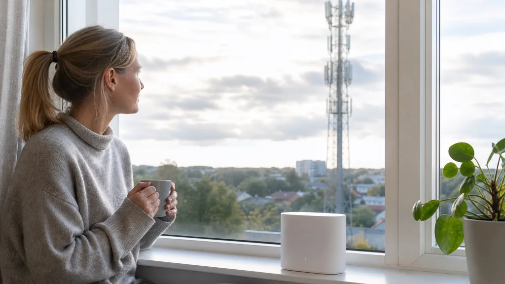 5G-router i ett fönster med fibermast och stad i bakgrunden