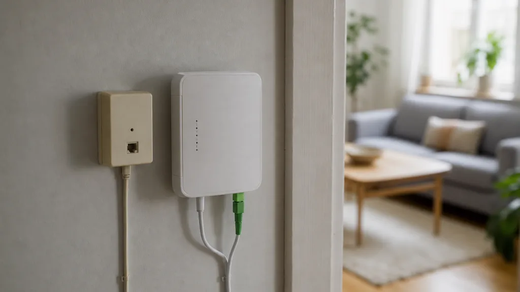 Gammalt telefonjack i vägg bredvid en modern fiberdosa