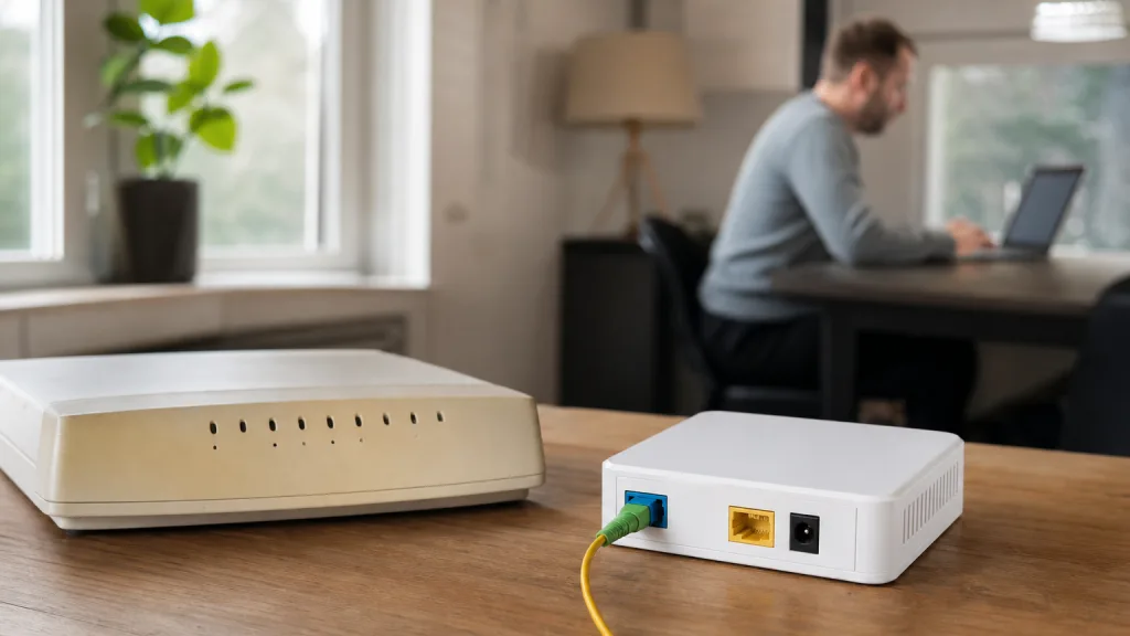 Gammalt ADSL-modem bredvid en modern fiberkonverter
