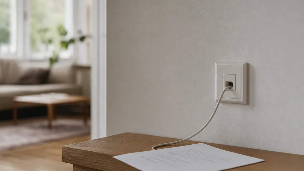 Telefonjack i vägg med ett uppsägningsbrev intill