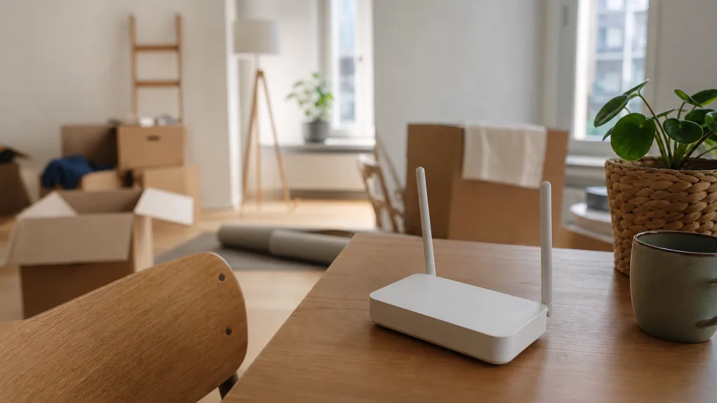 Mobilt bredband-router på bord i delvis möblerad lägenhet