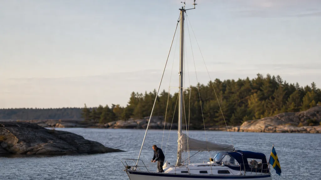 Segelbåt i skärgård med antenn i masttoppen