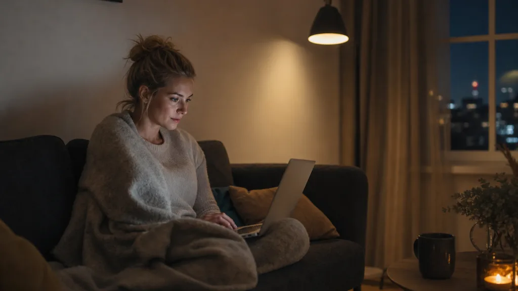 Person som surfar ensam i en liten svensk lägenhet på kvällen