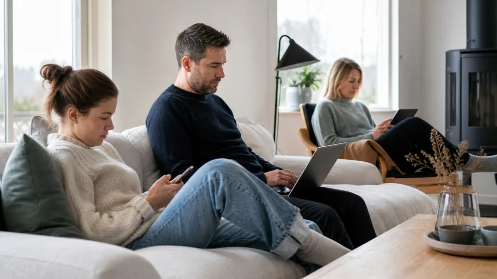 Familj som surfar samtidigt i vardagsrummet på olika skärmar