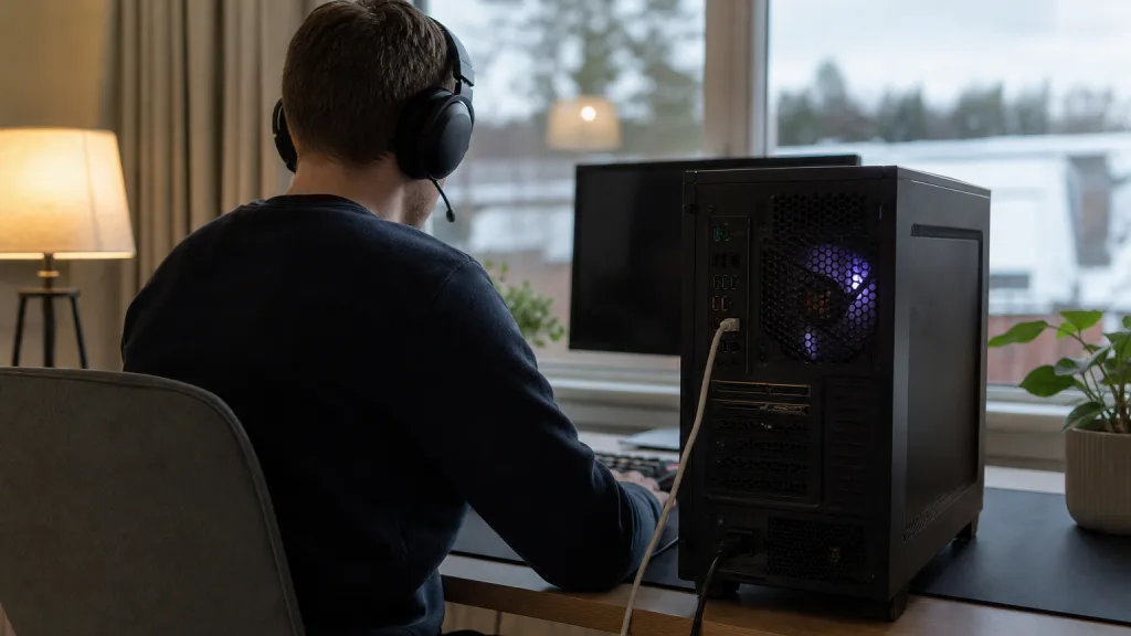 Gamingdator med nätverkskabel inkopplad i ett svenskt hem