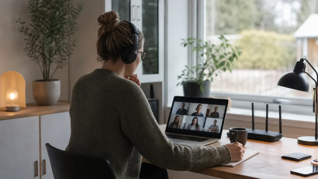 Hemmakontor med bärbar dator i pågående videomöte och router intill