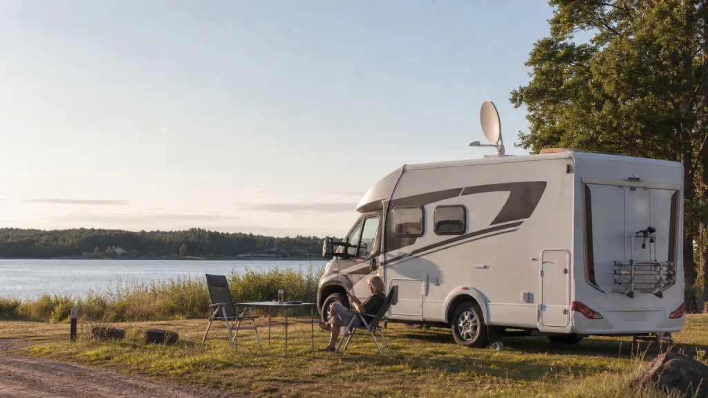 Husbil på campingplats med antenn på taket
