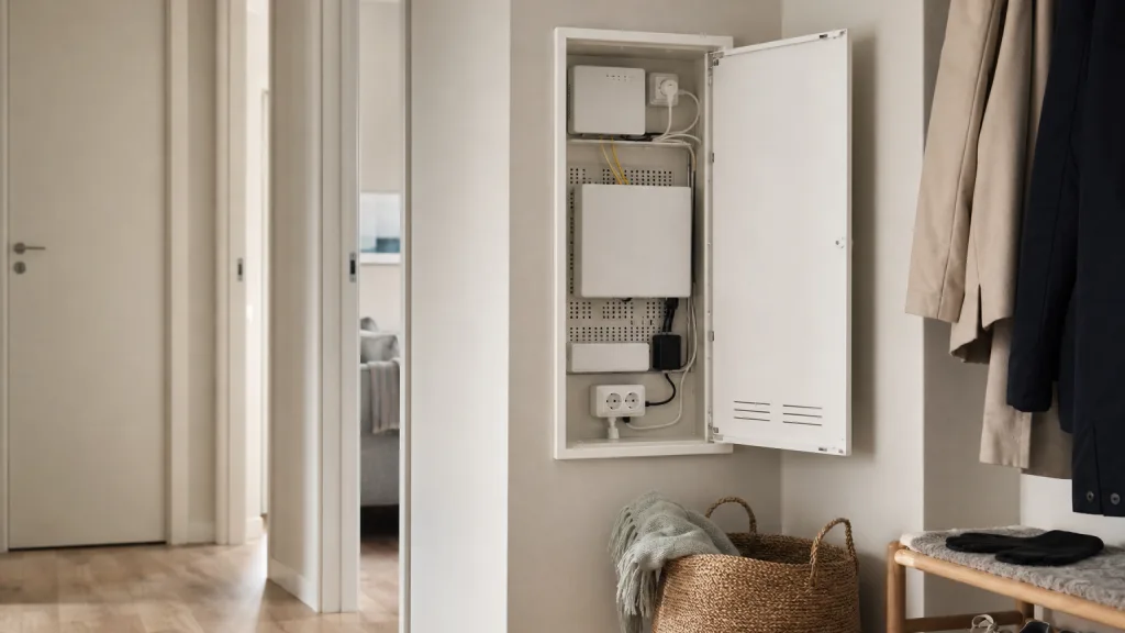 Mediaskåp med fiberuttag i hall i svensk lägenhet