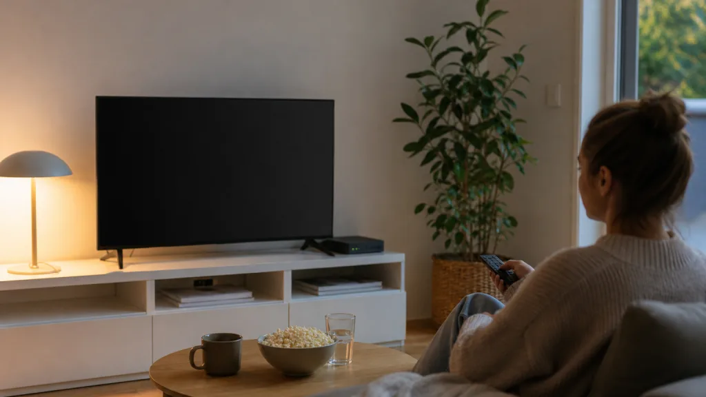 TV och router i ett vardagsrum med streaminggränssnitt på skärmen