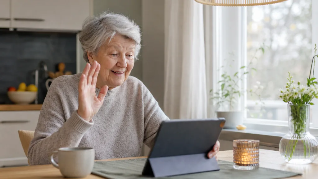 Äldre person i videosamtal vid köksbord