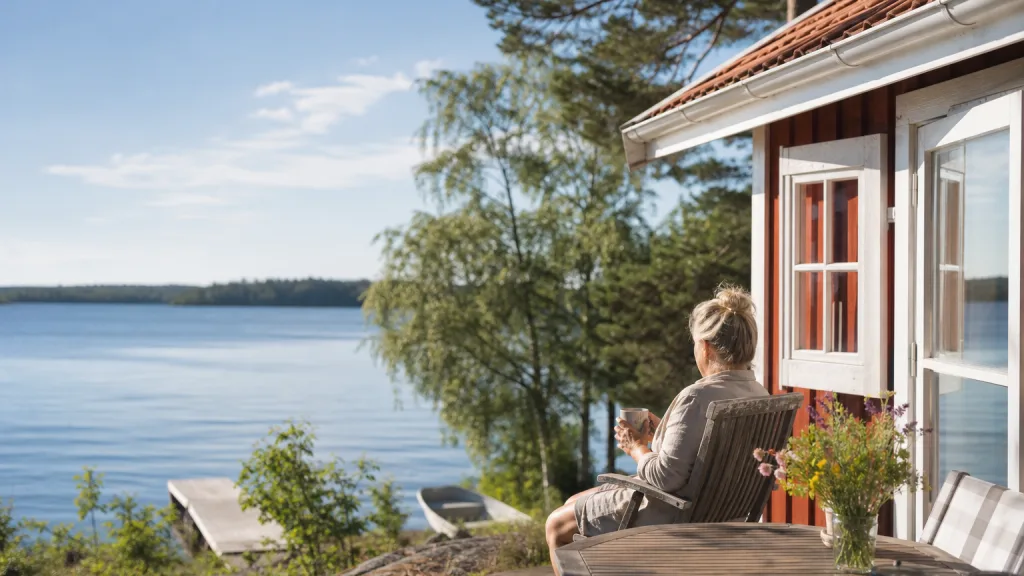 Röd sommarstuga vid sjö i sommarsol