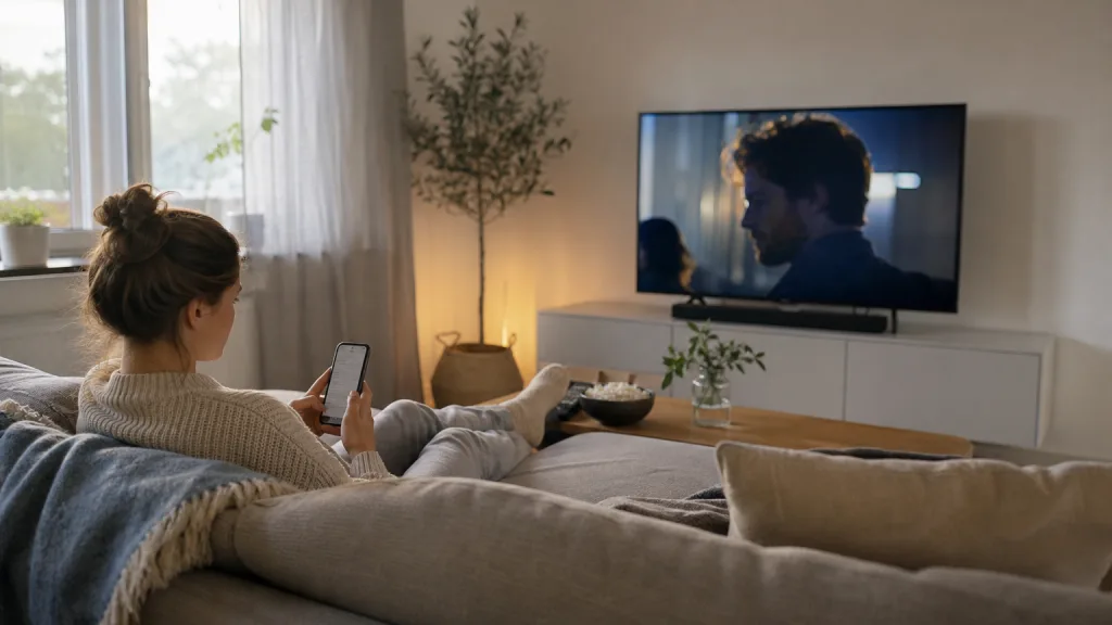Tv som streamar film i ett svenskt vardagsrum samtidigt som någon surfar på soffan