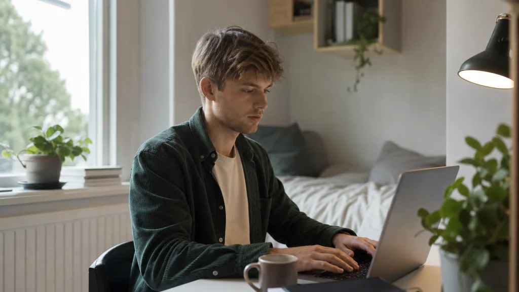 Student med laptop vid skrivbord i studentrum