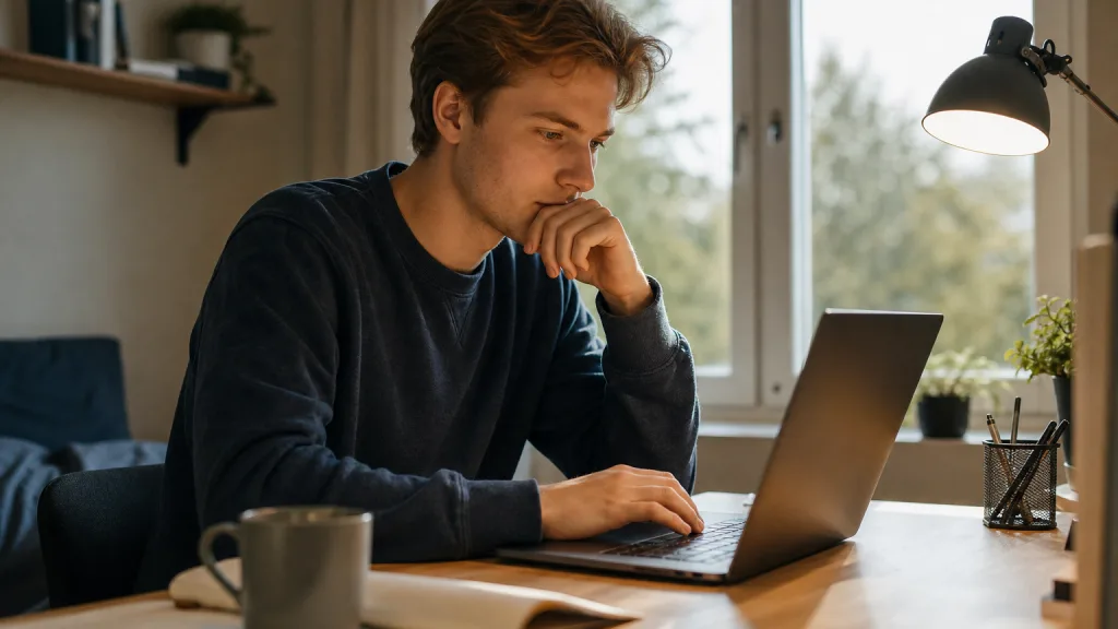 Student vid skrivbord i studentrum jämför bredband på laptopen