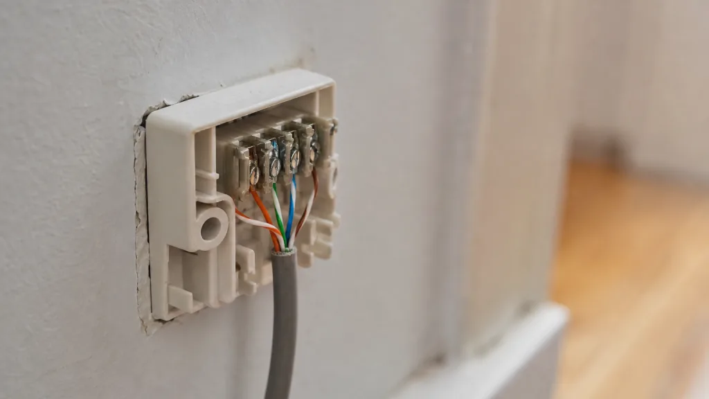 Närbild på koppartrådar i ett öppnat telefonjack