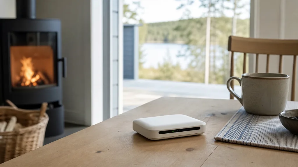 Bärbar 4G-router på ett köksbord i en stuga