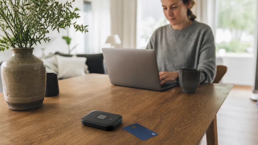 Bankkort och en mobil router på ett bord i ett svenskt hem