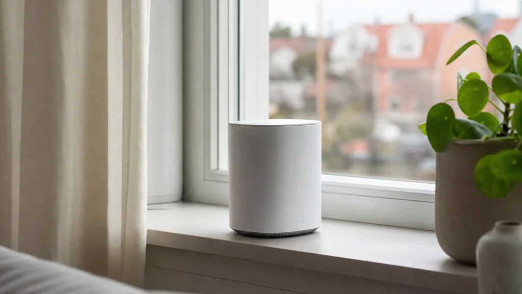 5G-router för hemmabruk på en fönsterbänk i svenskt hem