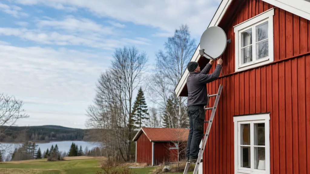 Satellitantenn monterad vid ett rött torp i svensk glesbygd