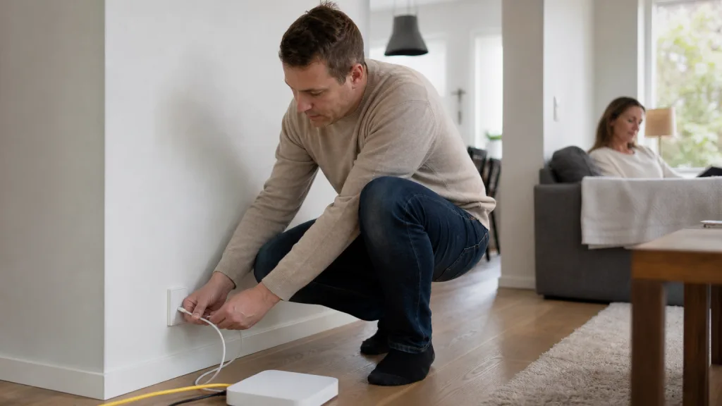 Fiberuttag och router i ett ljust svenskt hem