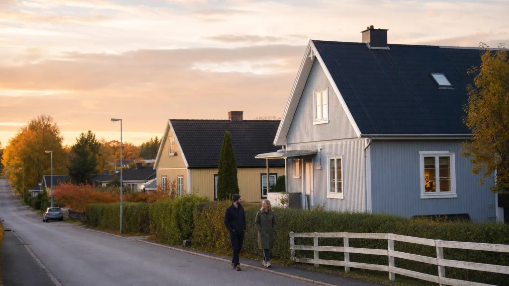 Översikt över fem bredbandstekniker symboliserade i ett svenskt bostadsområde