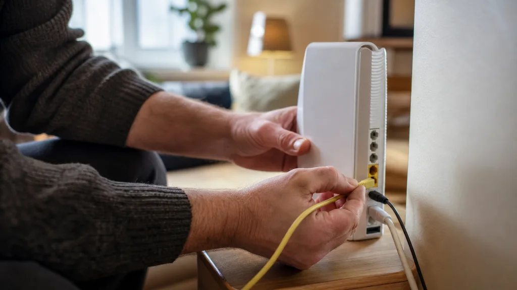 Händer som kopplar in en ny router hemma