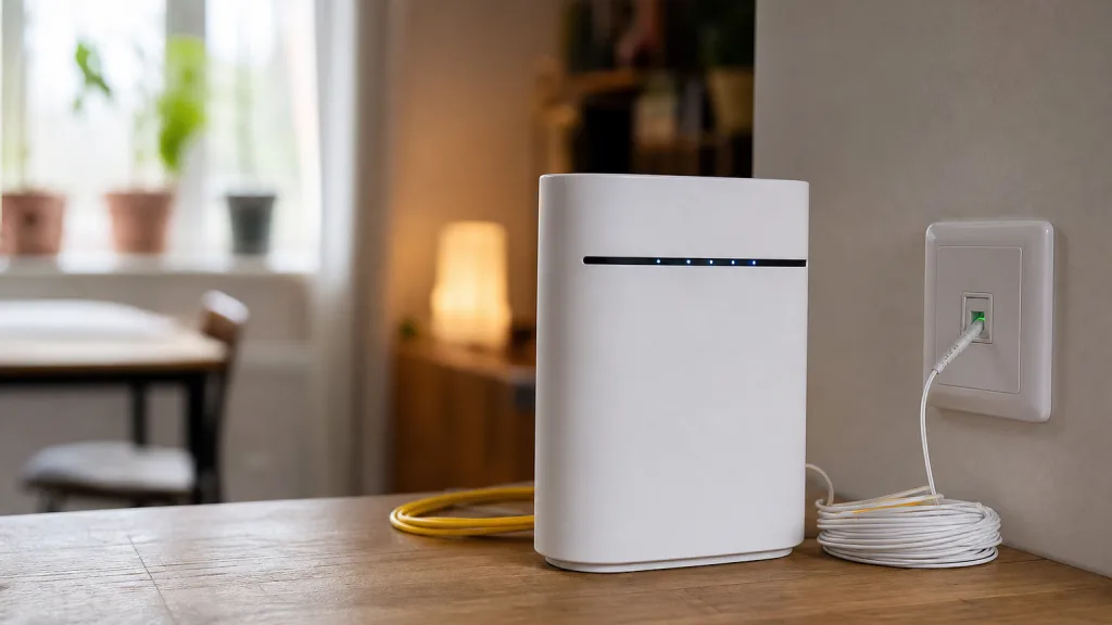 Fiberkabel och mobil router sida vid sida i ett svenskt hem