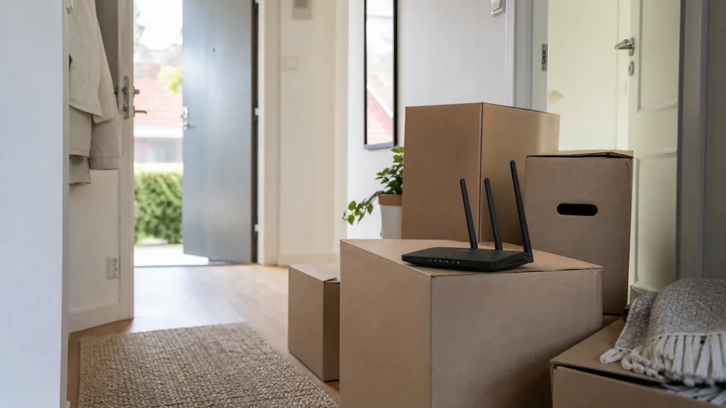 Flyttkartonger i hall med router ovanpå