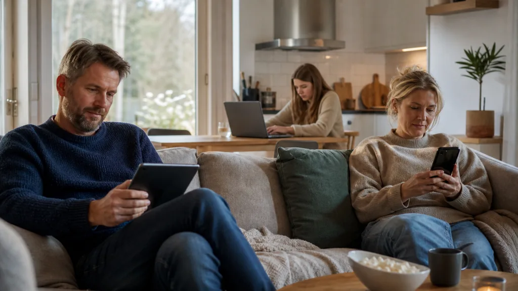 Familj streamar på flera skärmar hemma över samma uppkoppling