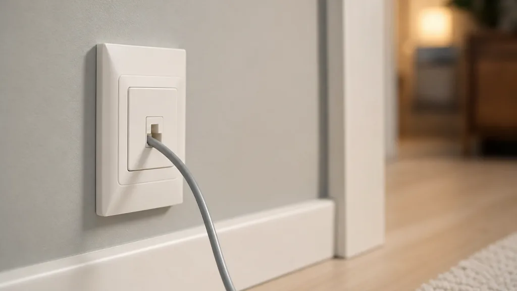 Närbild på ett vägguttag för telefonjack med en grå telefonkabel