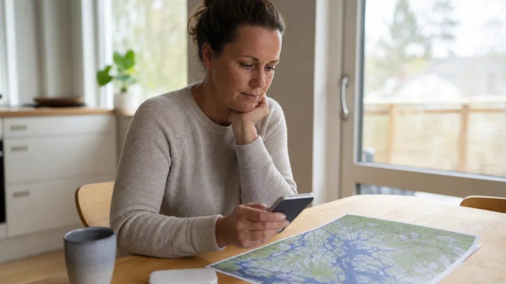 Mobil router och telefon med täckningskarta på köksbordet