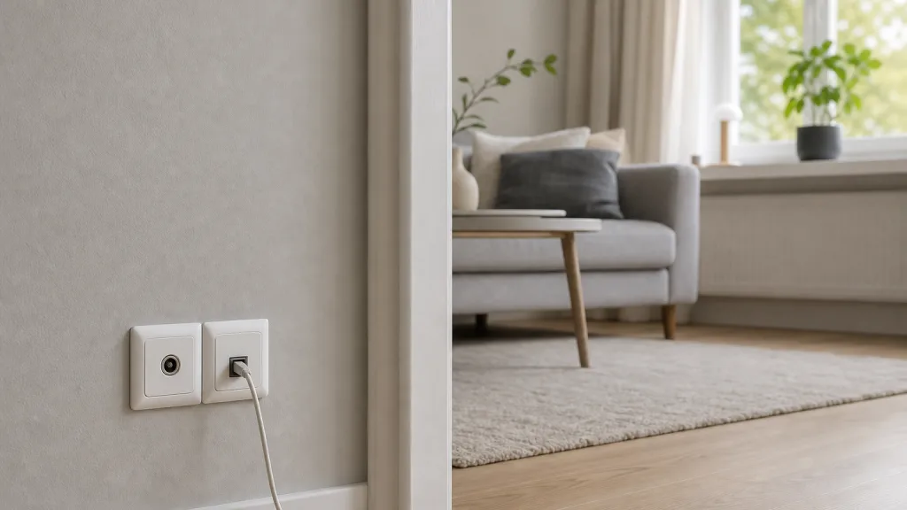 Koaxuttag i vägg jämte ett fiberuttag i en svensk lägenhet