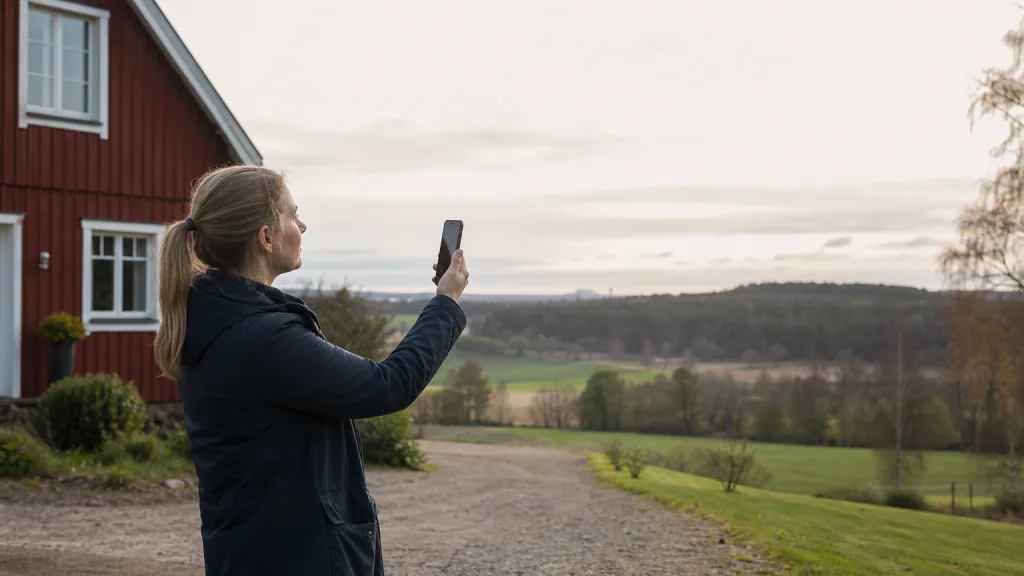 Hand som söker mobiltäckning på adress vid hus i lantlig miljö