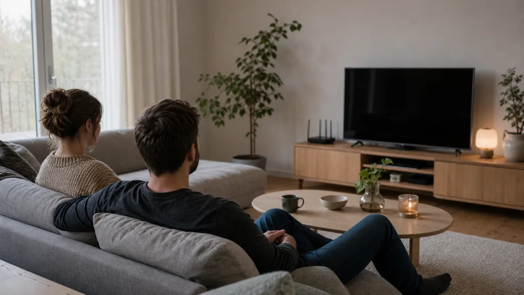 Soffhörna med tv och router som streamar i ett svenskt vardagsrum