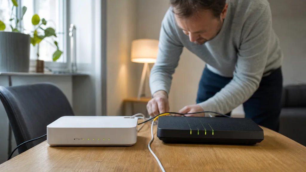 Två bredbandsroutrar står påslagna sida vid sida under ett operatörsbyte