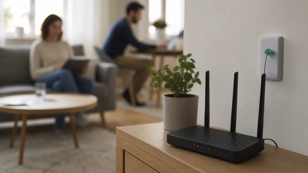 Fiberkabel och router i ett modernt hem