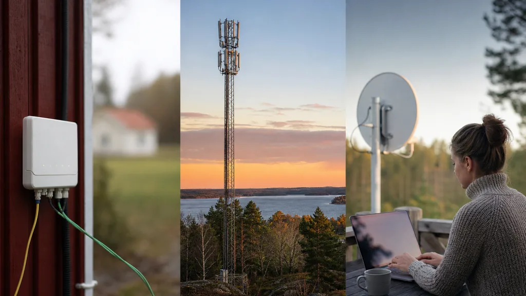 Olika bredbandstekniker som når ett svenskt hem: fiber, mobilmast och satellit