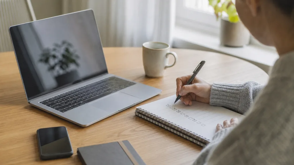 Hand bockar av punkter på en checklista bredvid en laptop