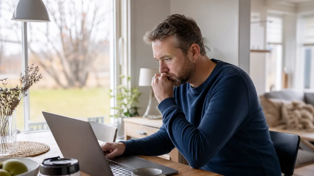 Person vid köksbord väljer mellan bredbandsalternativ på laptop