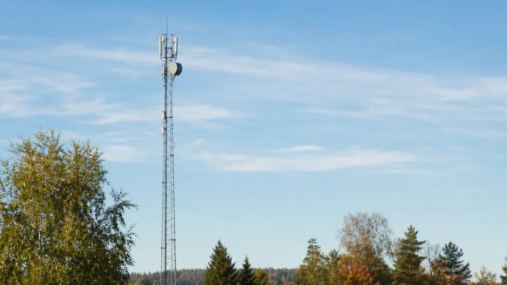 Mobilmast mot svensk himmel med flera operatörers signaler