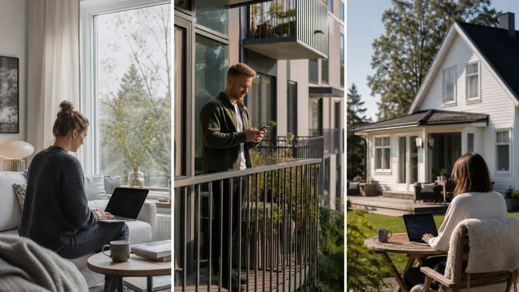 Olika bostadstyper med symboler för fiber och mobilt bredband