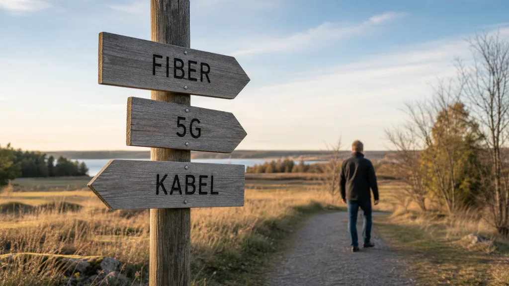 Vägvisare med fiber, 5G och kabel som riktningar