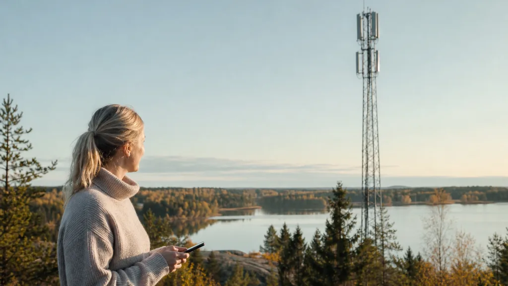 Mobilmaster i svenskt landskap som illustrerar olika mobilnät